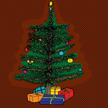 Beautiful cartoon Christmas tree with gifts and star