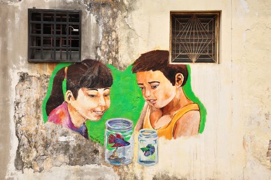 the graffiti of boy and girl watching fish in the bottle