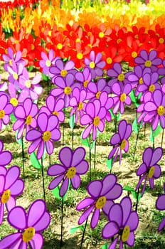 rows of colorful windmills standing on the grass