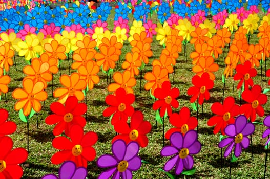 rows of colorful windmills standing on the grass