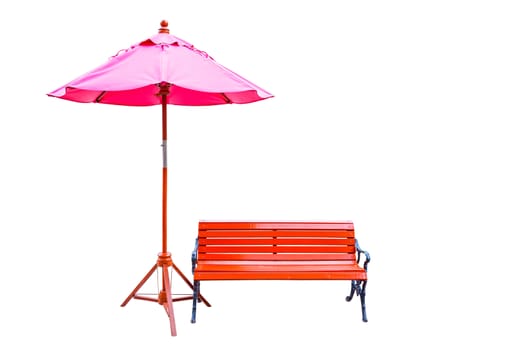 Park bench and big colorful umbrella isolated on white background
