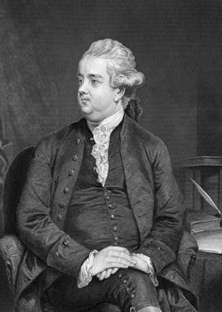 Edward Gibbon (1737-1794) on engraving from 1873. English historian and Member of Parliament. Engraved by A.Chappel and published in ''Portrait Gallery of Eminent Men and Women with Biographies'',USA,1873.