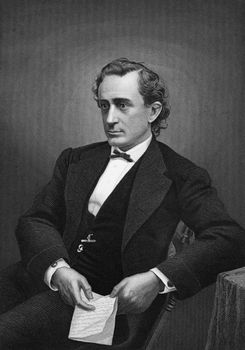 Edwin Booth (1833-1893) on engraving from 1873. Famous 19th century American actor. Engraved by unknown artist and published in ''Portrait Gallery of Eminent Men and Women with Biographies'',USA,1873.