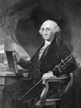 George Washington (1731-1799) on engraving from 1859. First President of the U.S.A. during 1789-1797  and commander of the Continental Army in the American Revolutionary War during 1775-1783. Considered as Father of his country. Engraved by unknown artist and published in ''Portrait Gallery of Eminent Men and Women with Biographies'',USA,1873.