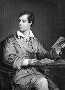 Lord Byron (1788-1824) on engraving from 1873. One of the greatest British poets and leading figures in the Greek war of independence against the Ottoman Empire. Engraved by unknown artist and published in ''Portrait Gallery of Eminent Men and Women with Biographies'',USA,1873.
