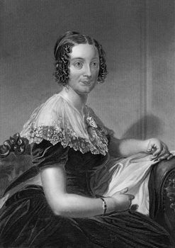 Lydia Sigourney (1712-1786) on engraving from 1873. Popular American poet during the early and mid 19th century. Engraved by unknown artist and published in ''Portrait Gallery of Eminent Men and Women with Biographies'',USA,1873.