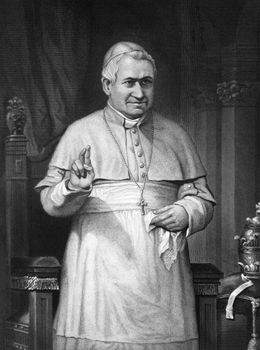 Pope Pius IX (1792-1878) on engraving from 1873. Born Giovanni Maria Mastai-Ferretti, was the longest reigning elected Pope in Church history during 1846-1878. Engraved by unknown artist and published in 
''Portrait Gallery of Eminent Men and Women with Biographies'',USA,1873.