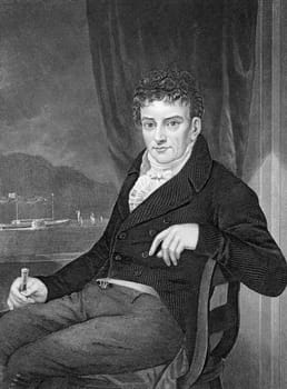 Robert Fulton (1765-1815) on engraving from 1873. American engineer and inventor widely known for developing the first commercially successful steamboat.Engraved by unknown artist and published in ''Portrait Gallery of Eminent Men and Women with Biographies'',USA,1873.