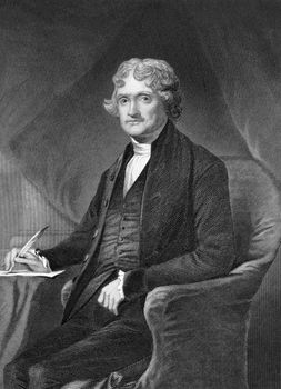 Thomas Jefferson (1743-1826) on engraving from 1873. American Founding Father, the principal author of the Declaration of Independence and third President during 1801-1809. Engraved by unknown artist and published in ''Portrait Gallery of Eminent Men and Women with Biographies'',USA,1873.