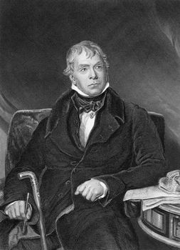 Walter Scott (1771-1832) on engraving from 1873. Scottish historical novelist, playwright and poet. Engraved by unknown artist and published in ''Portrait Gallery of Eminent Men and Women with Biographies'',USA,1873.