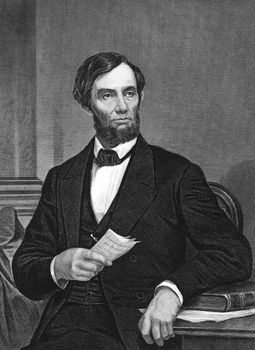 Abraham Lincoln (1809-1865) on engraving from 1873.  16th president of the United States. Engraved by unknown artist and published in ''Portrait Gallery of Eminent Men and Women with Biographies'',USA,1873.