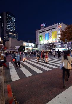 Tokyo, Japan - November 28, 2013: Pedestrians at the famed crossing of Shibuya district on November 28, 2013 in Tokyo, Japan. Shibuya is a fashion center and nightlife area. 