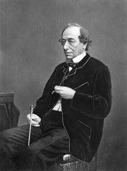 Benjamin Disraeli, 1st Earl of Beaconsfield  (1804-1881) on engraving from 1873. British Prime Minister, parliamentarian, Conservative statesman and literary figure. Engraved by unknown artist and published in 
''Portrait Gallery of Eminent Men and Women with Biographies'',USA,1873.