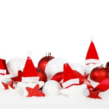 Christmas card with beautiful red and white decorations in snow