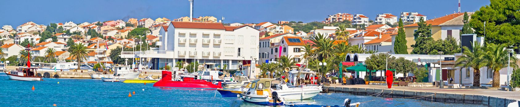 Town of Novalja waterfront panorama, Island of Pag, Dalamtia, Croatia