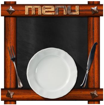 Empty blackboard with wooden frame, ancient nails and wooden written menu, empty white plate and silver cutlery. Isolated on white background
