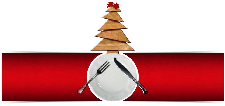 Two red velvet backgrounds with empty white plate, silver cutlery and wooden Christmas tree with red comet. Template for a Christmas food menu
