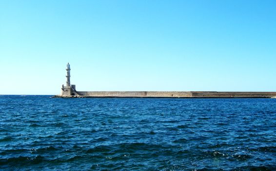 Side view of the lighthouse in Chania Old Port, in Crete Island, Greece.

Picture taken on July 27, 2010.