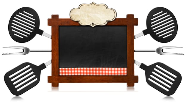 Rustic and empty blackboard with wooden frame and checkered tablecloth, empty label and six kitchen utensils. Template for a recipes or a food menu