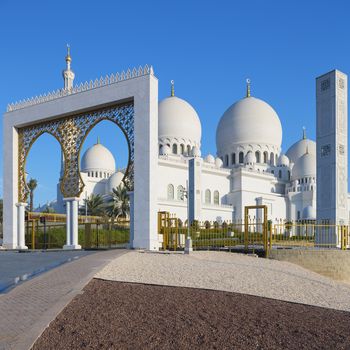 Entry of Sheikh Zayed Grand Mosque with blue sky, UAE