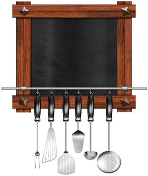 Rustic and empty blackboard with wooden frame, ancient nails, a set of kitchen utensils hanging on a steel pole. Template for a recipes or a food menu