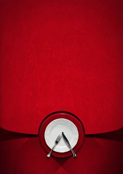 Vertical restaurant menu with empty white and red plate with silver cutlery, fork and knife, on red velvet background with shadows
