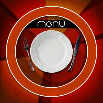 Restaurant menu with empty white plate with silver cutlery, fork and knife, on red and orange velvet background with a circle, geometric shapes and shadows