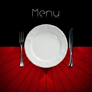 Restaurant menu with empty plate and cutlery, fork and knife, on a black and red background with shadows and written menu
