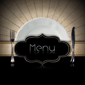 Restaurant menu with empty plate and silver cutlery, black label, horizontal band and radial stripes on a black background with reflections