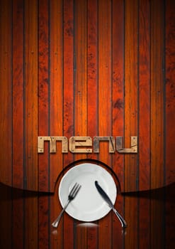 Dark brown background with planks, empty white plate and silver cutlery, fork and knife, written menu. Template for recipes or a rustic menu
