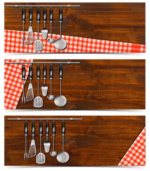 Collection of three kitchen banners with a set of kitchen utensils hanging on a steel pole, red and white checked tablecloth on a wood background. Isolated on white background