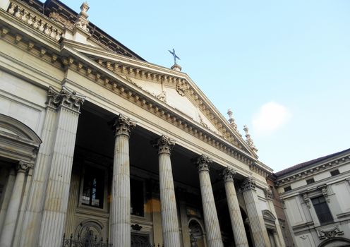 Close up to the top front view of a Church in Turin, Italy.

Picture taken on October 28, 2013.