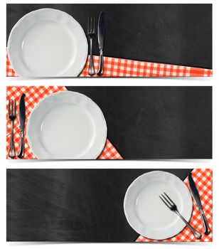 Collection of three kitchen banners with empty white plate, silver cutlery, red and white checked tablecloth on empty blackboard. Isolated on white background