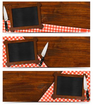 Collection of three kitchen banners with empty blackboard with wooden frame, red and white checked tablecloth and kitchen knife on a wood background. Isolated on white background
