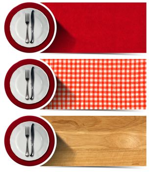 Collection of three kitchen banners with white and red empty plates, silver cutlery, checkered tablecloth, wooden background, red velvet background. Isolated on white background
