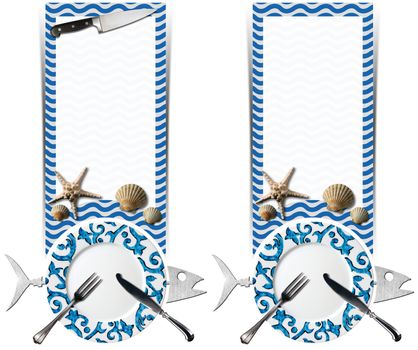 Two vertical banners with metal fish, empty plate with cutlery, blue and white sea waves, seashells and starfish, kitchen knife. Template for seafood
