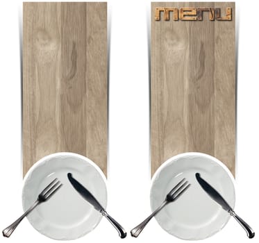 Two vertical wooden banners with empty white plate and silver cutlery isolated on white background. Template for recipes or food menu
