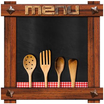 Empty blackboard with wooden frame, ancient nails and wooden written menu, four wooden kitchen utensils with red and white checkered tablecloth isolated on white background
