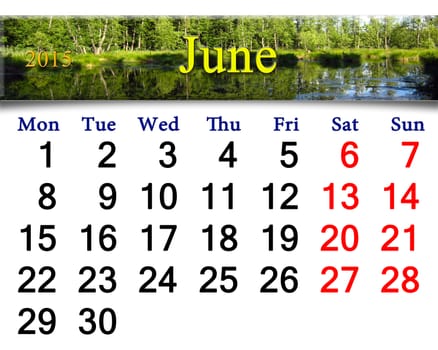 calendar for June of 2015 year on the background of forest lake