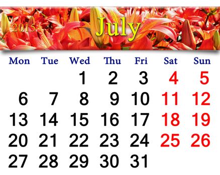 calendar for the July of 2015 on the background of beautiful red lilies