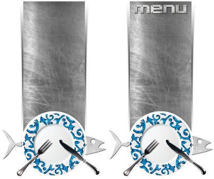 Two vertical banners with metal fish, empty decorated plate with silver cutlery, steel brushed background, written menu. Isolated on white. Template for seafood