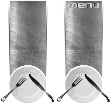Two vertical metallic banners with empty white plate and silver cutlery isolated on white background. Template for recipes or food menu
