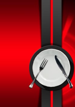 Vertical restaurant menu with empty white plate and silver cutlery, fork and knife, on red background with grey and black circle and vertical band.