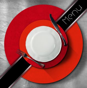 Restaurant menu with empty plate and cutlery, on metal background with red and orange circles and black diagonal band and written menu