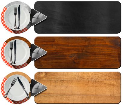 Collection of three kitchen banners with white empty plate, silver cutlery, red and white checkered tablecloth and grey arrows. Isolated on white background