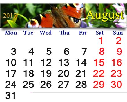 beautiful calendar for August of 2015 year with image of butterfly of peacock eye