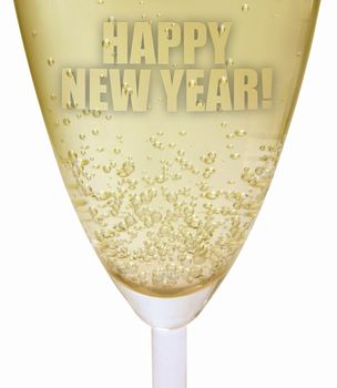 Closeup of a glass of freshly poured champagne with the words happy new year 