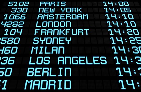 Departures display board at airport terminal showing international destinations flights to some of the world's most popular cities. Business or leisure travel concept, 3d rendering.