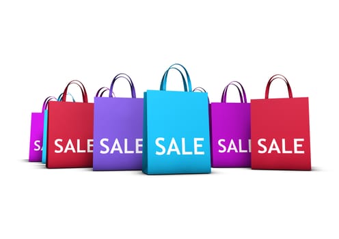 Colorful shopping bags with sale text for promotion and discount marketing advertising on white background.