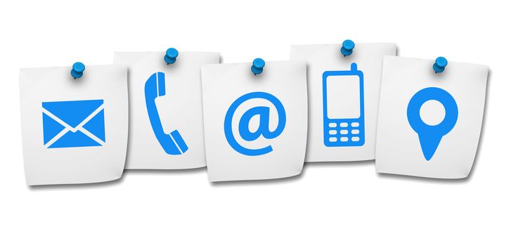 Website and Internet contact us page concept with icon on five paper post it isolated on white background.